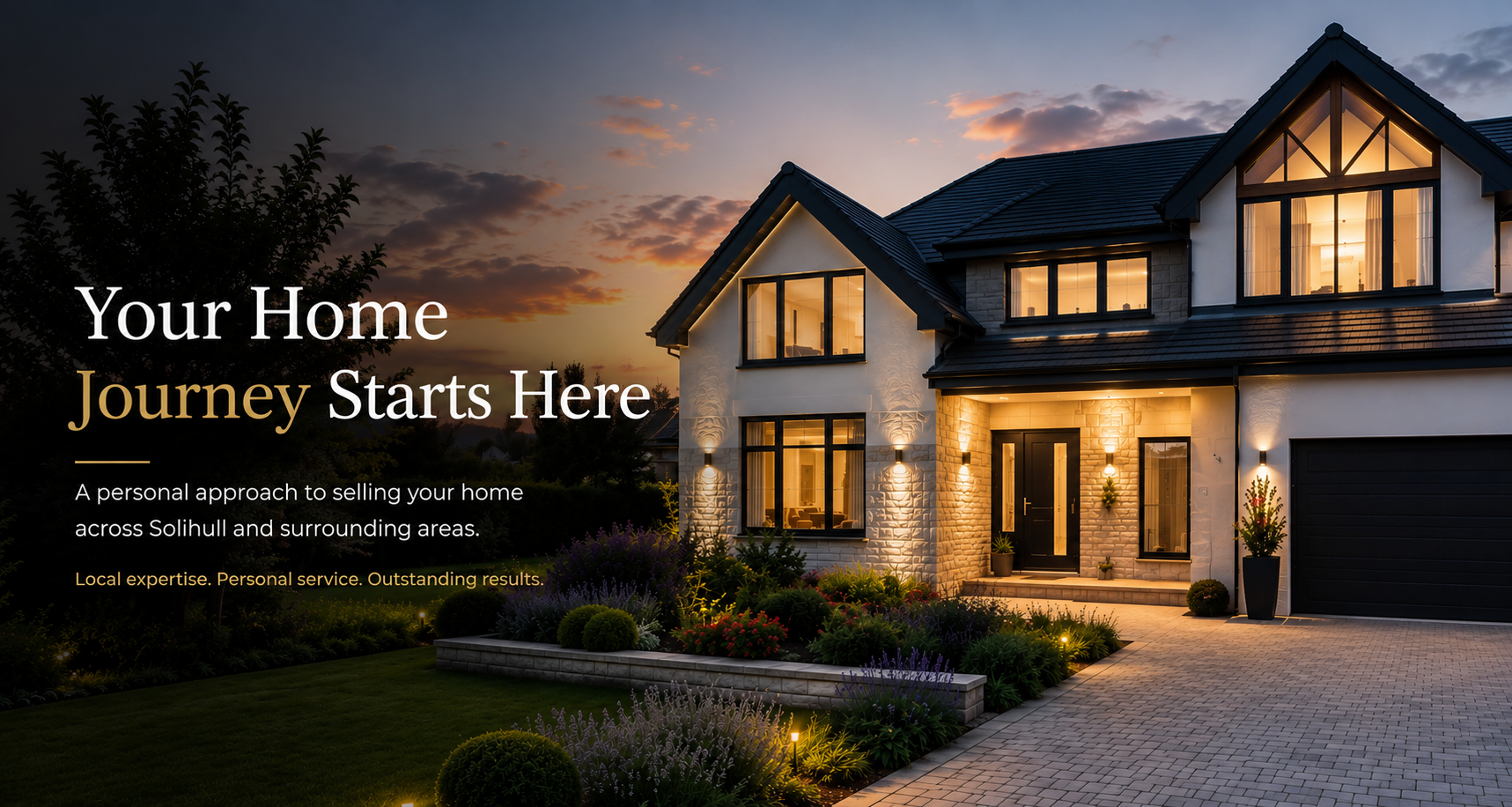 A warmly lit family home at dusk with the words Your Home Journey Starts Here